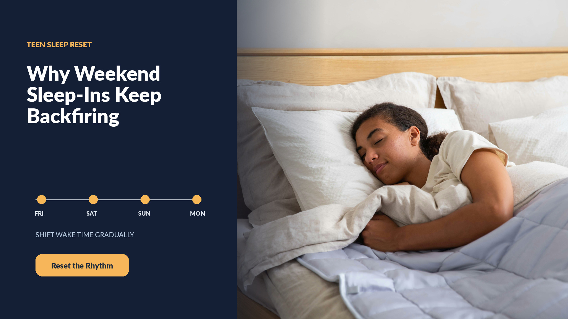 A teen sleeps in a bright bedroom beside a dawn-to-night timeline and a headline about weekend sleep-ins backfiring.