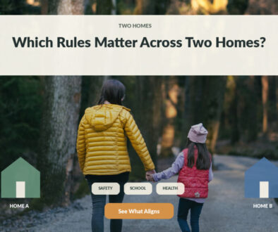 A parent and child hold hands on a wooded path between two illustrated home markers under a headline asking which rules matter across two homes.