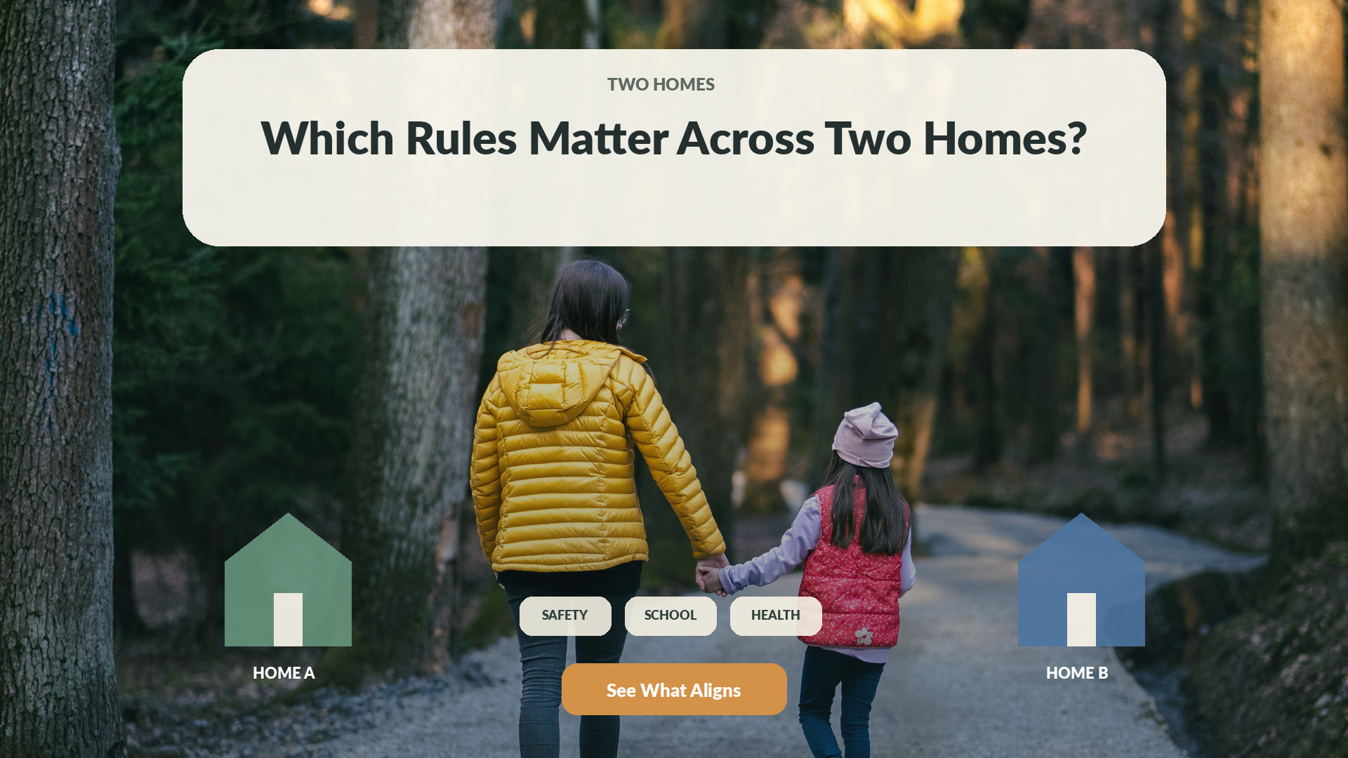 A parent and child hold hands on a wooded path between two illustrated home markers under a headline asking which rules matter across two homes.