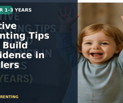 A happy toddler raising both hands confidently at home, with a text overlay about positive parenting and confidence