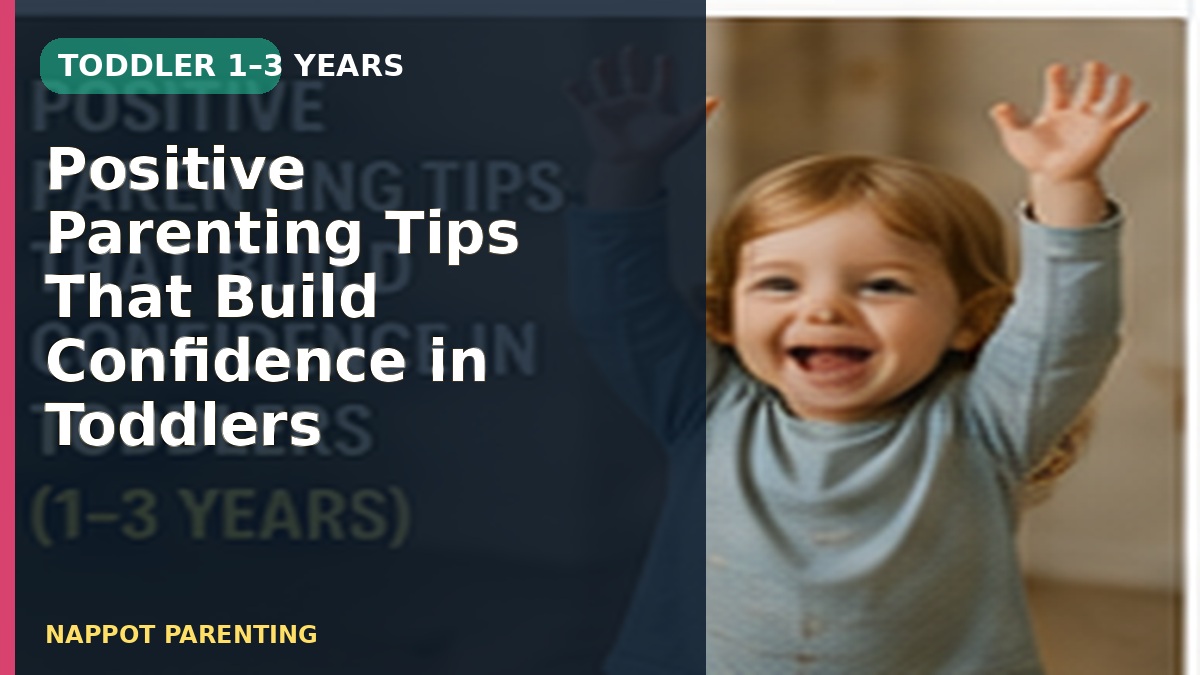 A happy toddler raising both hands confidently at home, with a text overlay about positive parenting and confidence