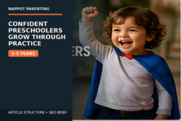 A cheerful preschooler completes a simple task independently at home with the text “Confident Preschoolers Grow Through Practice — 3–5 Years.”