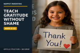 A child makes a thank-you card at a family table with the text “Teach Gratitude Without Shame — Ages 4–12.”
