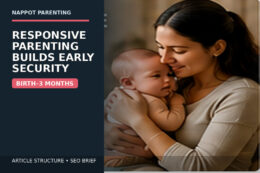 A parent gently holds a calm newborn in a softly lit home while the image text reads “Responsive Parenting Builds Early Security — Birth–3 Months.”