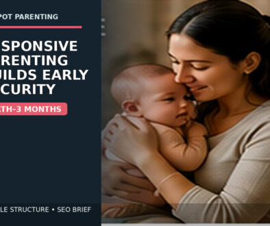 A parent gently holds a calm newborn in a softly lit home while the image text reads “Responsive Parenting Builds Early Security — Birth–3 Months.”