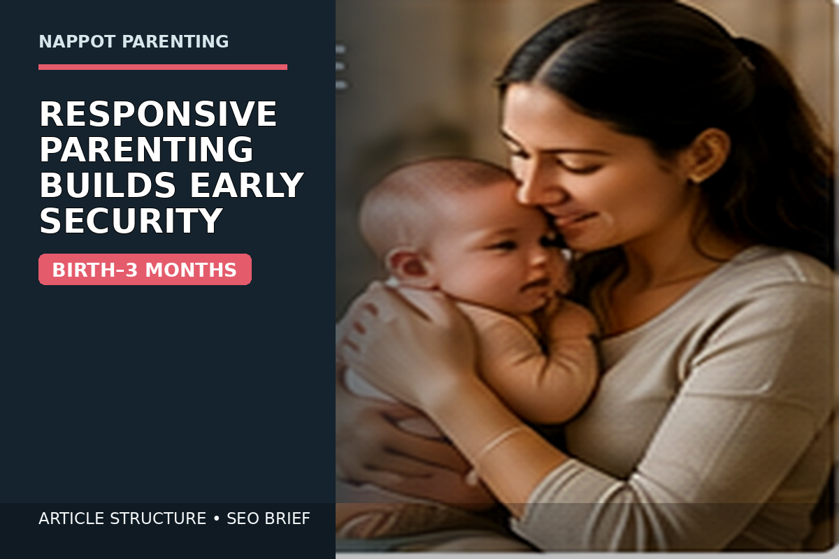 A parent gently holds a calm newborn in a softly lit home while the image text reads ‘Responsive Parenting Builds Early Security — Birth–3 Months.’