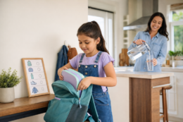 School-age child following a simple morning routine checklist at home
