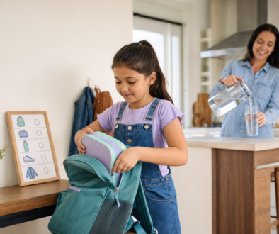 School-age child following a simple morning routine checklist at home