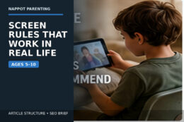 A school-age child and parent review a tablet together at a kitchen table with the text “Screen Rules That Work in Real Life — Ages 5–10.”