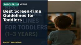 A toddler viewed from behind near a television in a family room, with a text overlay about healthy screen-time guidelines
