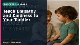 Two young toddlers interacting closely during play, with a text overlay about teaching empathy and kindness