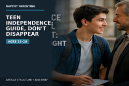 A teenager and parent have a calm discussion at home with the text “Teen Independence: Guide, Don’t Disappear — Ages 13–18.”