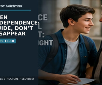 A teenager and parent have a calm discussion at home with the text “Teen Independence: Guide, Don’t Disappear — Ages 13–18.”