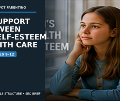 A thoughtful tween talks with a supportive parent in a quiet living room, with the text “Support Tween Self-Esteem With Care — Ages 9–12.”