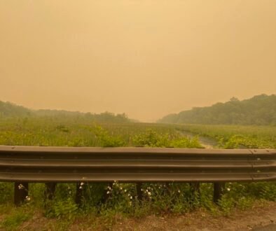 A road in New Jersey under hazy wildfire smoke
