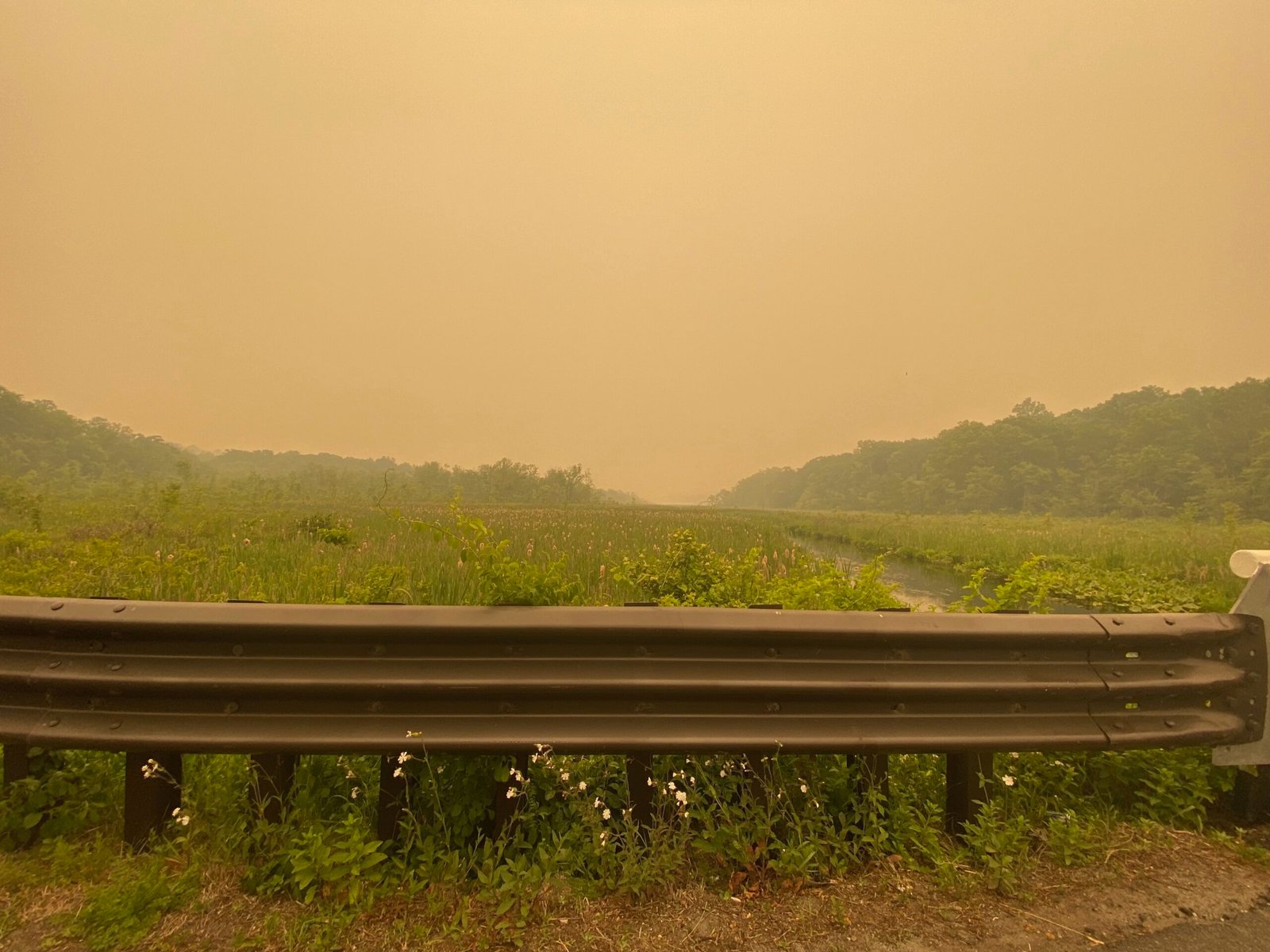 A road in New Jersey under hazy wildfire smoke