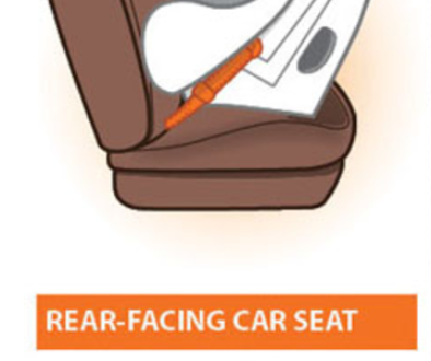 A young child sits securely in a rear-facing car seat; public-domain CDC illustration for car-seat safety guidance.