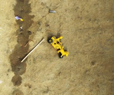 A collection of children’s toys resting on the ground.