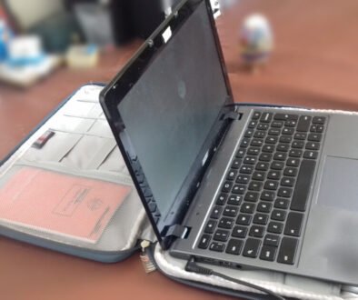 Chromebook resting on a protective carry case.