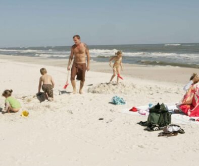 A family spending time together at a beach, illustrating a family vacation conversation.