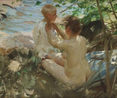 A mother helps a young child get dressed in Anders Zorn’s 1888 painting Mother Dressing Her Child