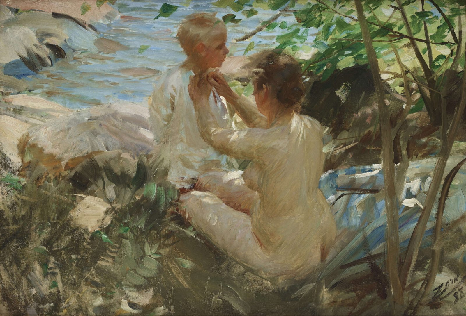 A mother helps a young child get dressed in Anders Zorn’s 1888 painting Mother Dressing Her Child