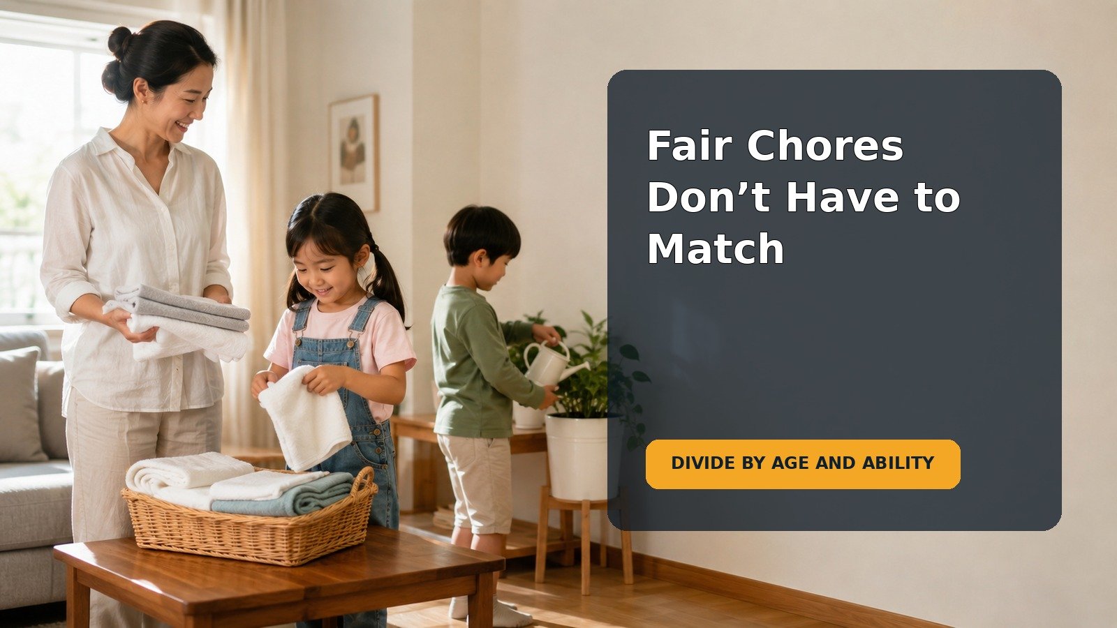 Editorial family scene for How to Divide Chores Between Siblings Without Making ‘Fair’ Mean Identical