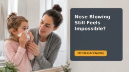 Editorial family scene for a preschooler practicing gentle nose blowing with a tissue