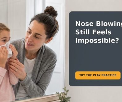 Editorial family scene for a preschooler practicing gentle nose blowing with a tissue