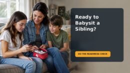 Tween and younger sibling at home with a parent nearby, illustrating a family conversation about supervised sibling care