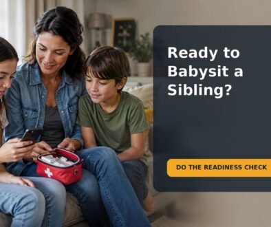 Tween and younger sibling at home with a parent nearby, illustrating a family conversation about supervised sibling care