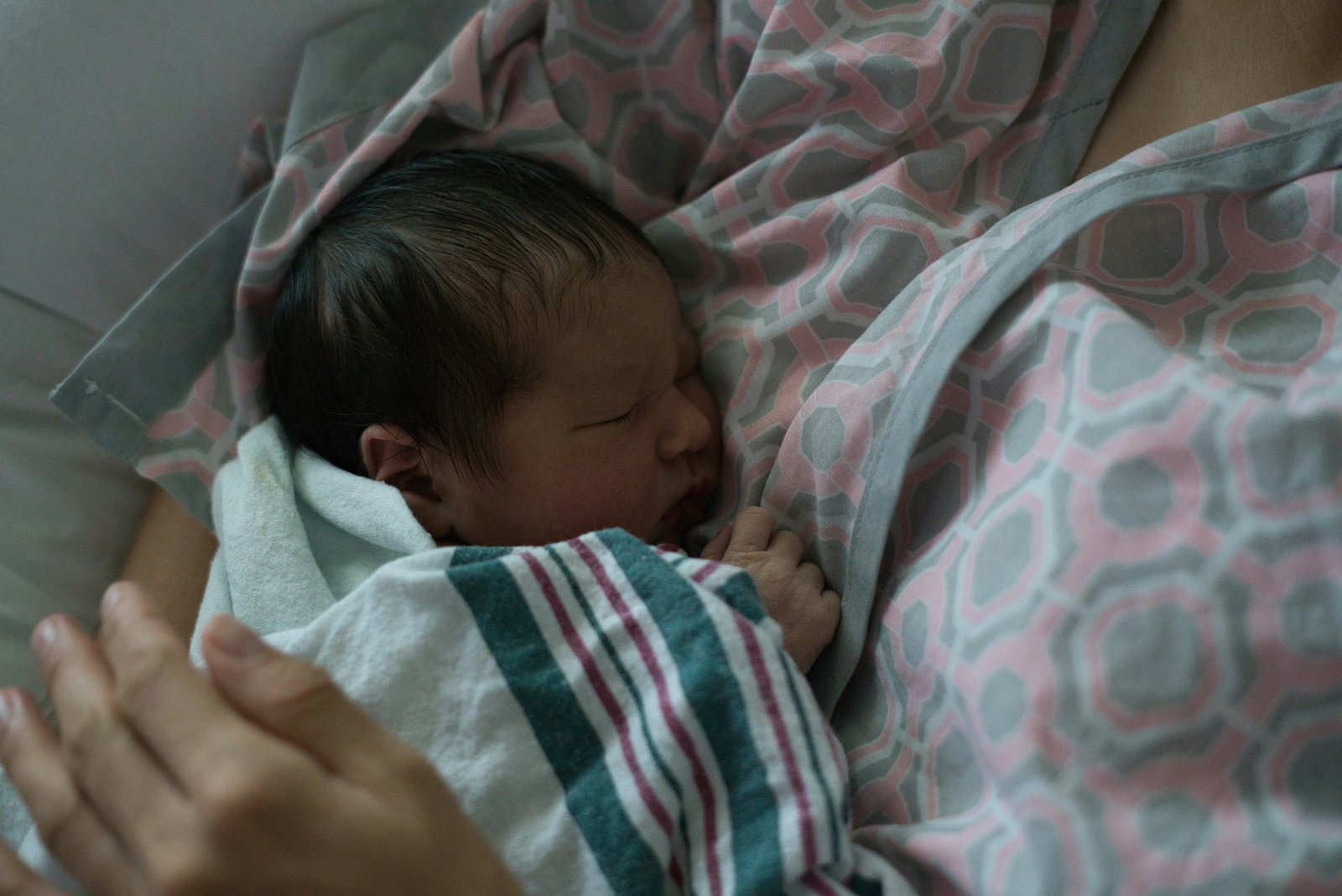 A newborn sleeping peacefully on a parent, illustrating the close comfort many families use while learning about safe newborn sleep routines.
