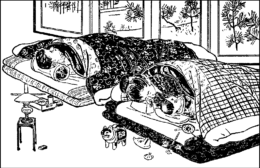 Public-domain 1910 illustration of a family sleeping together on floor bedding.