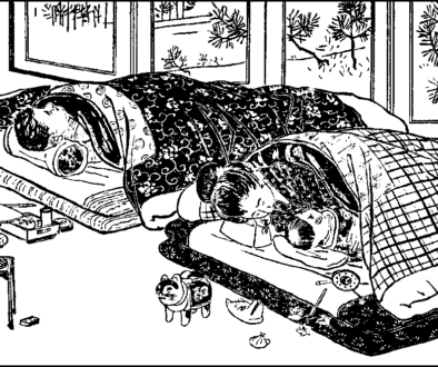 Public-domain 1910 illustration of a family sleeping together on floor bedding.