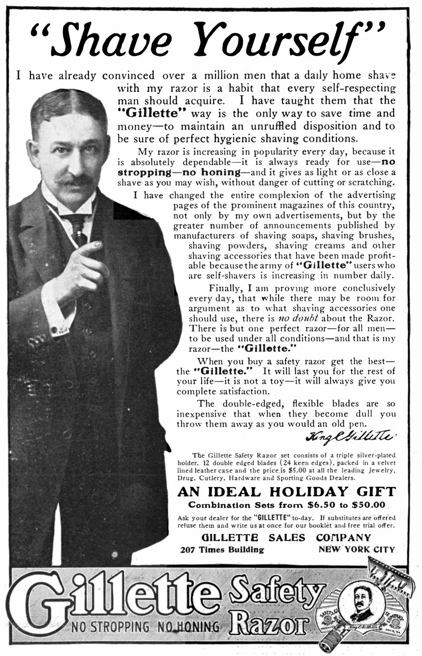 Vintage public-domain safety razor advertisement used as an editorial illustration for a tween first-shaving routine.